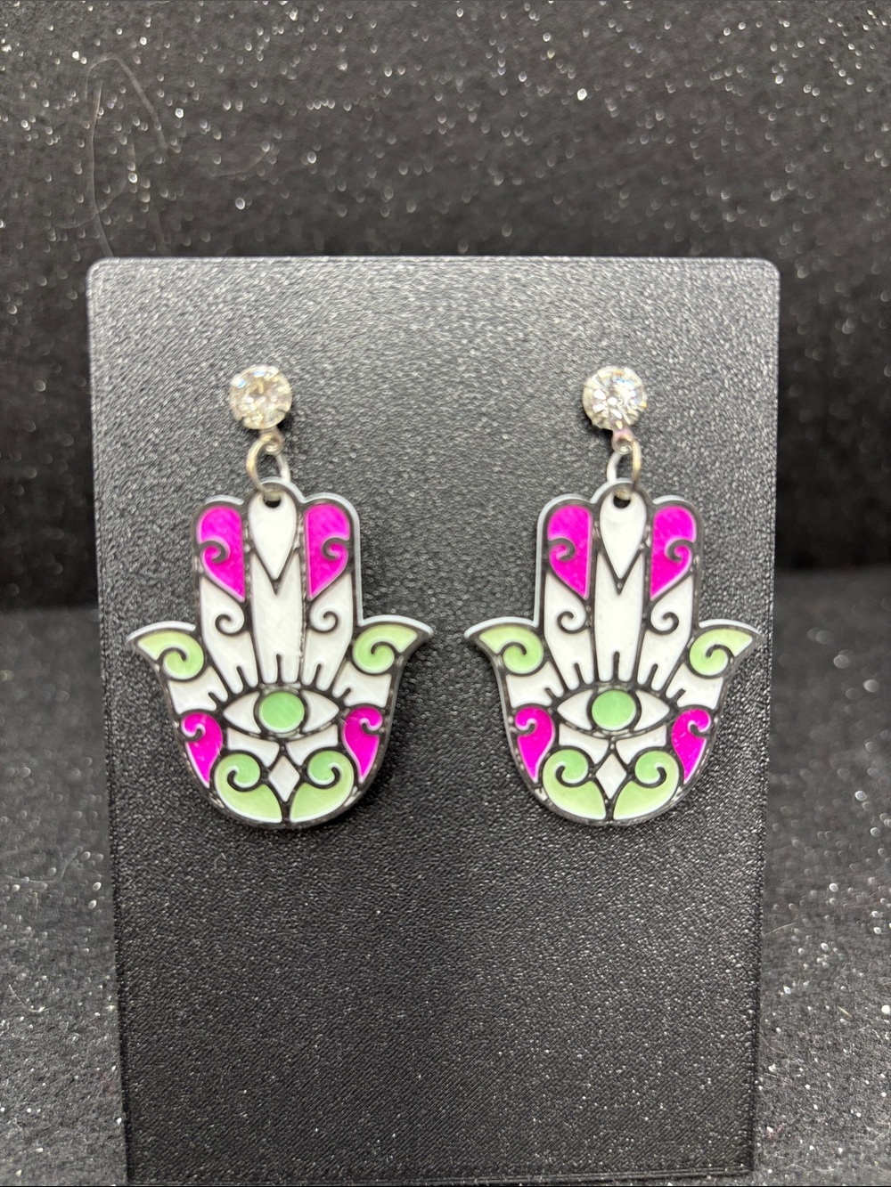 Hamsa Hand Enamel Drop Earrings in Pink and Green